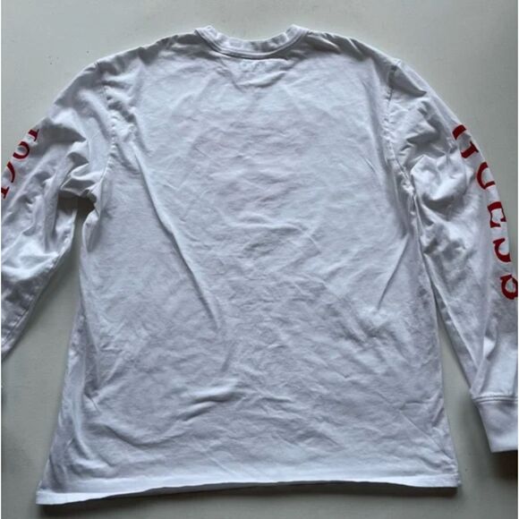 GUESS USA 90s Long Sleeve White Tee Red Triangle Question Mark Logo Graphic Sz S - Picture 6 of 9